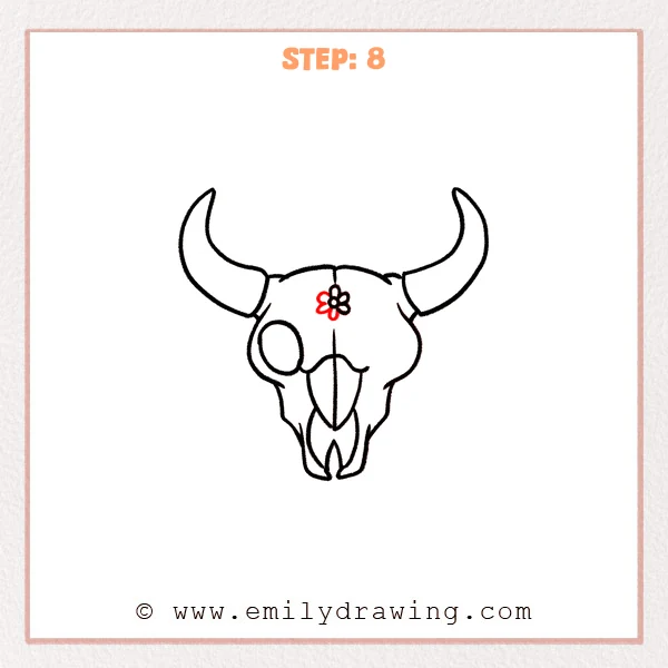 how to draw a bull skull - Bull skull drawing with two horns and a refined daisy-like flower on the forehead, showing clear petals and a center dot.